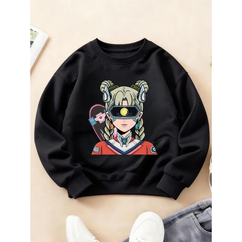 Kids Crewneck Long Sleeve Sweatshirt, Streetwear Cartoon Cool Girl With Goggles Print 110 чёрный
