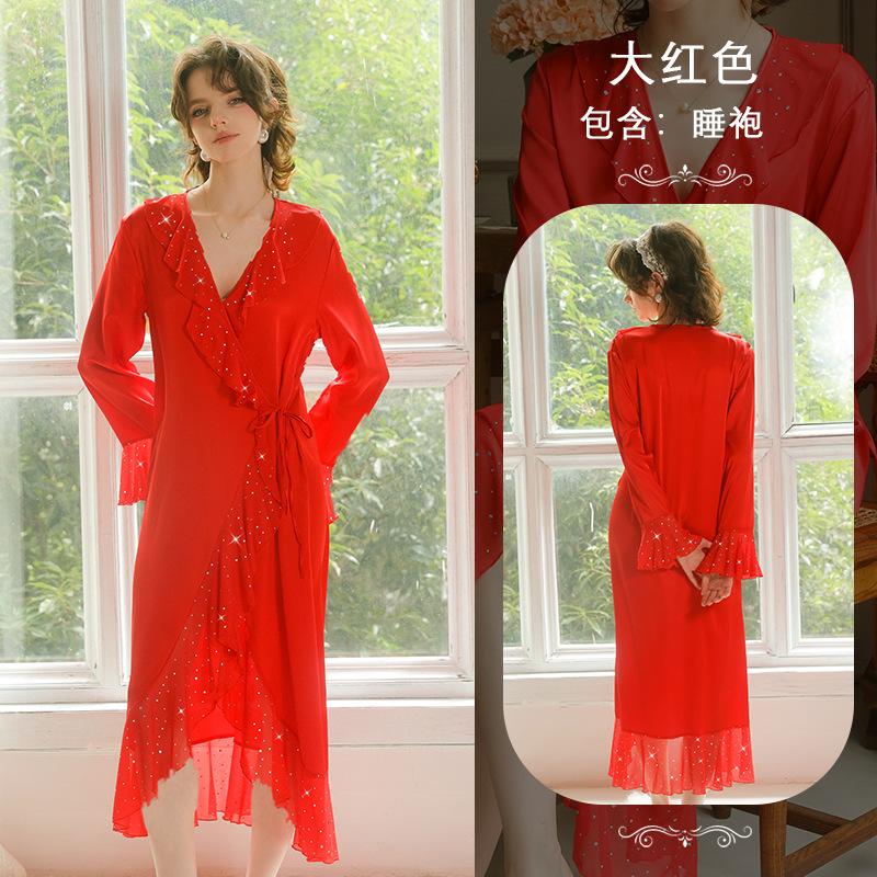Sequins embellished ruffle edge long nightgown women s V-neck horn sleeves irregular skirt multi-color loungewear S красный