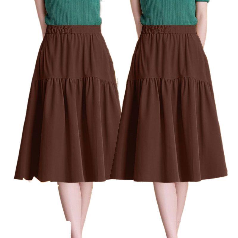 Women's A-Line Elastic Waist Skirt - Three-Quarter Length, Solid Color, Spring/Summer/Autumn Styles Available
