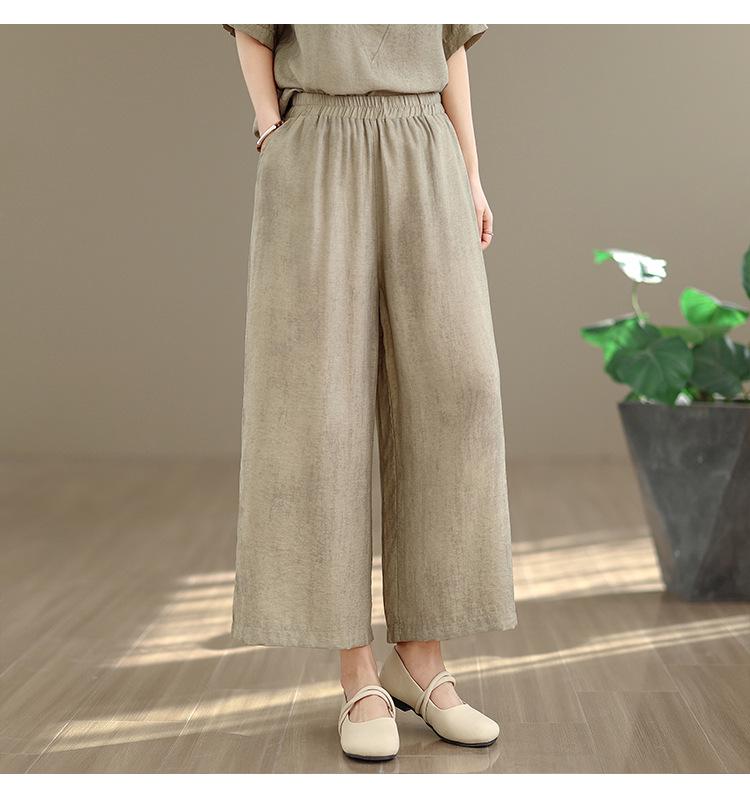 2026 Summer Retro Ethnic Cotton Linen Short Sleeve Top + Wide Leg Pants Set