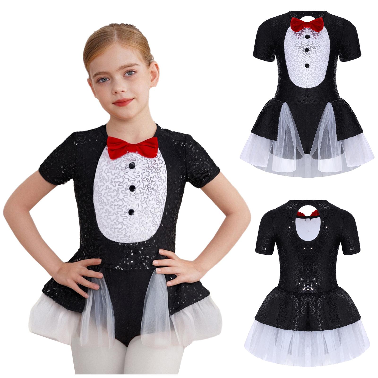 

Kids Girls Penguin Costume Color Contrast Sequins Dress Round Neck Short Sleeve Bow Tie Buttons Back Cut Puffy Mesh Skirt with Built-in Shorts чёрный