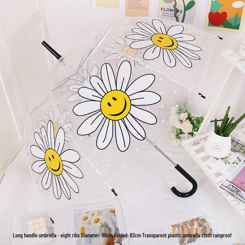Japanese Forest Style Transparent Cherry Blossom Umbrella with Arched Long Handle for Students