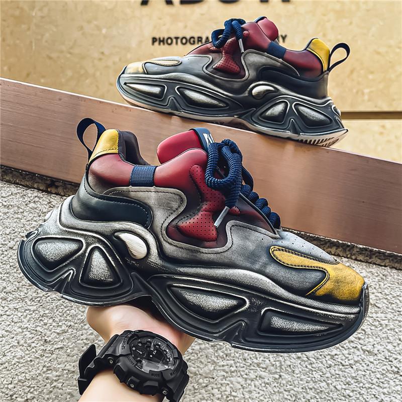 

Retro Aging process Trendy Clunky Sneaker For Men Leather Make old Thick bottom Sports Casual shoes Mens basket homme 39 чёрный