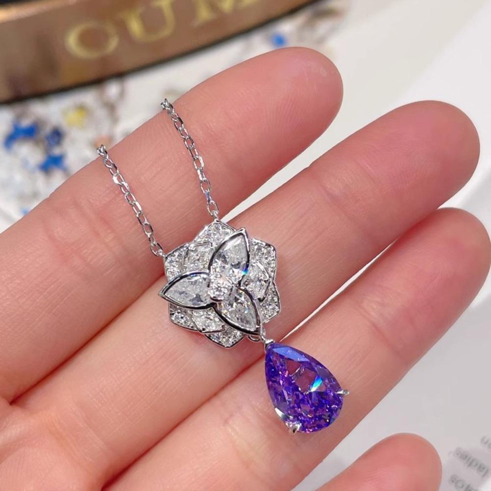 Lavender Purple Schubert Rose Necklace Fashionable Pendant with Pear Shaped Amethyst Camellia Drop