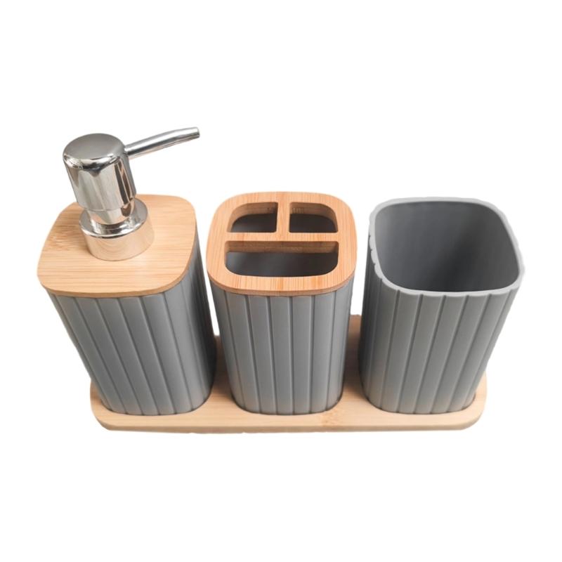 4Pcs Modern Bathroom Set With Wood Base Includes Toothbrush Holder Hydraulic Cup Mouth Cup 1 Set