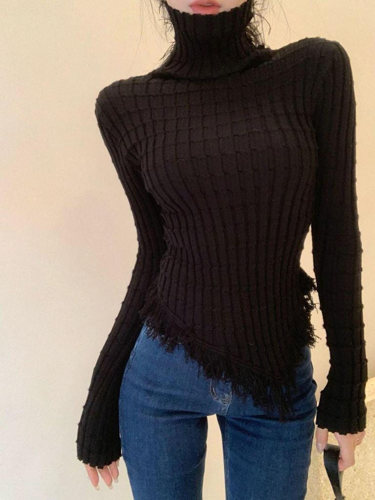 Women's Slim Fit High Neck Knitted Fringe Sweater - Winter Fashion Long Sleeve Pullover