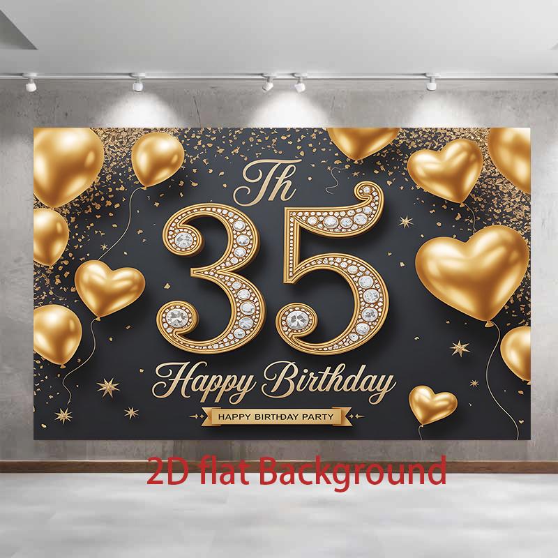 1pc Birthday 35th Glitter Balloon Elegant Hanging Banner Black Golden Polyester
