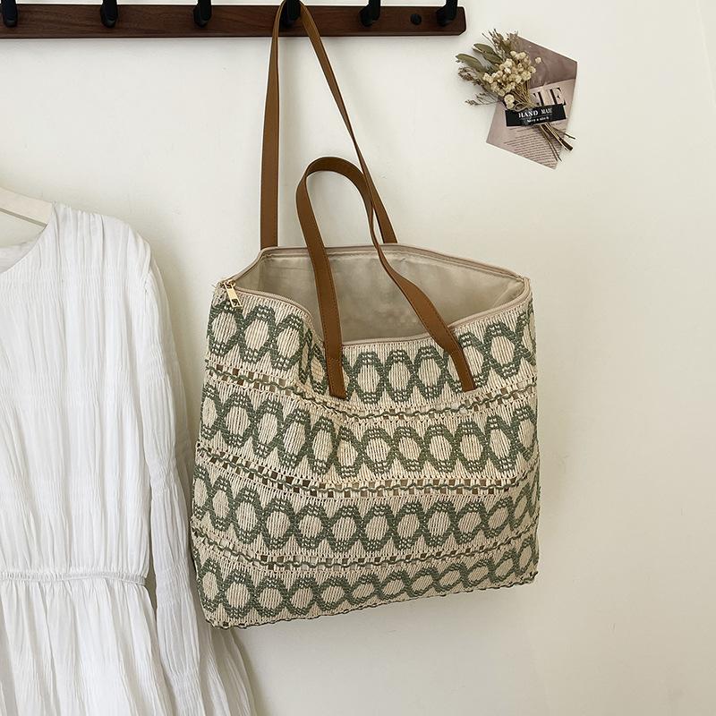 Splicing shoulder woven bag paper rope straw bag large capacity fashion beach bag casual women's bag