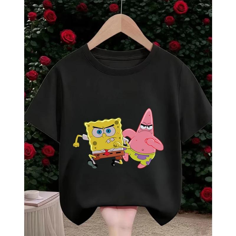 Street SpongeBob SquarePants Casual T Shirt 3-14Y Boys Girls Summer Cute Kawaii Fashion Hot Cartoon Crew Neck Kids