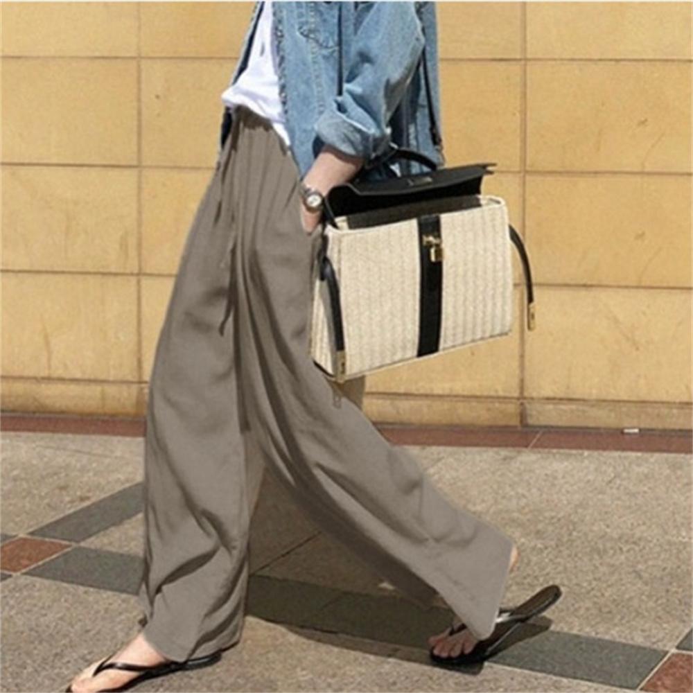 Spring Autumn Women's Wide Leg Pants Plus Size High Waist Solid Color Loose Cotton Linen Pants