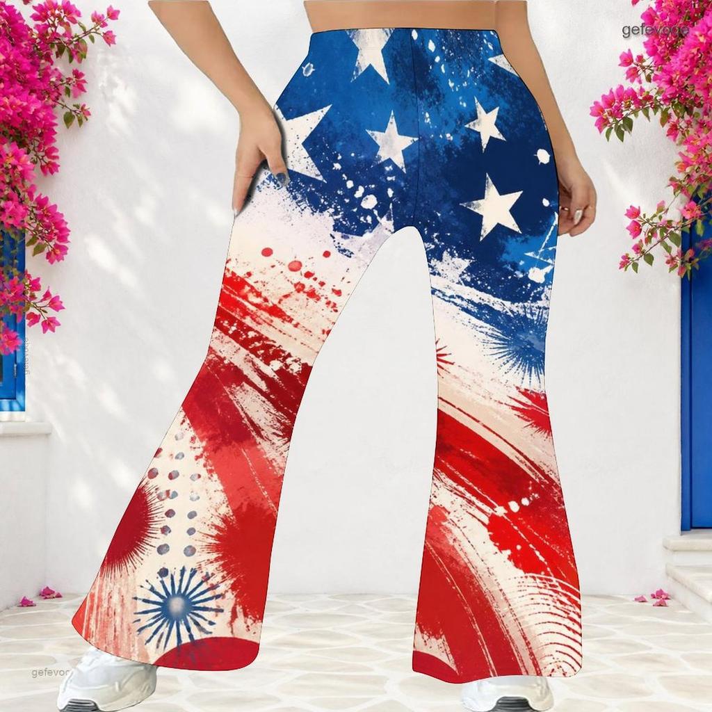 Women Plus Size High Waist Full Length Flared Pants Navy Blue Sparkle Starry Printed