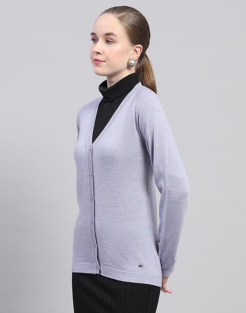 MONTE CARLO Womens Solid Light Purple V Neck Full Sleeve Cardigan