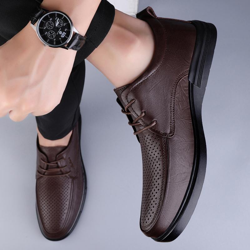 Fashion Summer Men Punching Leather Casual Shoes High Business Dress Shoes Lace Up Oxford Footwear Men Breathable Comfort Driving Shoes