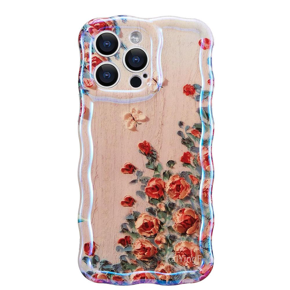 

Stylish Phone Case For iPhone 11 12 13 14 15 16 Pro Max Retro Oil Painting Flower Glossy Cute Floral Wave Border Exquisite Cover For iPhone 11Pro Max
