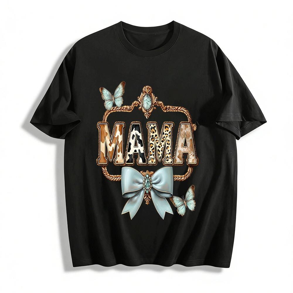 Vintage Luxury Animal Print MAMA Graphic Bow Decor Casual Top Pure cotton T-shirt XXS
