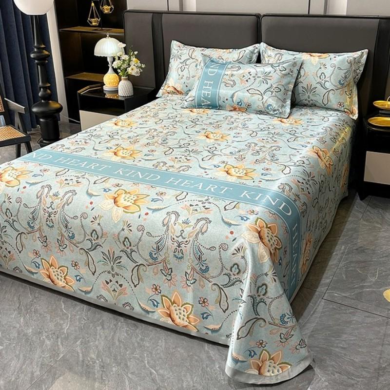Nordic Style Floral Printed Cooling Mat Set Summer Skin Friendly Ice Silk Bed Sheet Set With Pillowcase Breathable Bed Mattress