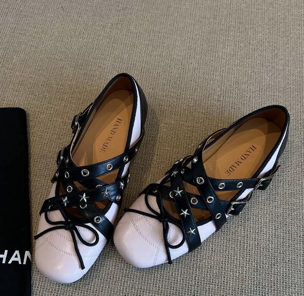 Sheepskin version~ Cross strap frosted leather bow Mary Jane shoes women's retro flat-bottomed sports ballet single shoes