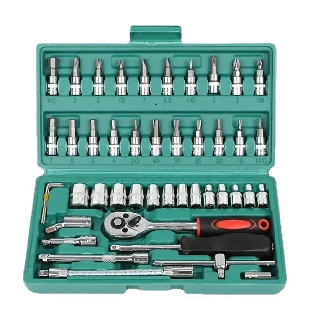 

46PCS Car Repair Tool Kit Ratchet Torque Wrench Spanner Screwdriver Socket Set Combo Tools Kit Bicycle Auto Repairing Tool Mech зелений