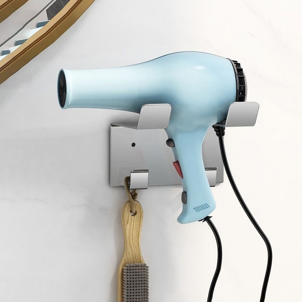 Stainless Steel Hair Dryer Storage Rack Waterproof Moisture-proof Hairdryer Stand with Hook Space Saving Hair Dryer Holder