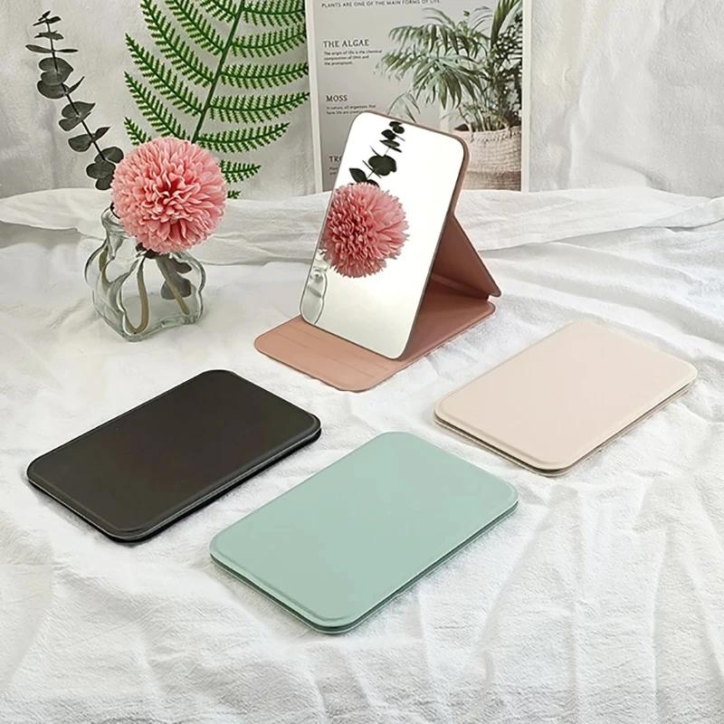 Woman MINI Folding Makeup Mirror High-quality Portable Pocket Makeup Mirror Single-side Creative Women Solid Color Handle Desk