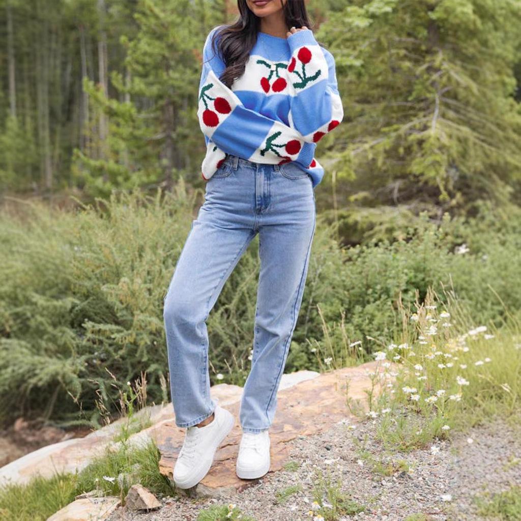 Cherry Jacquard Knit Sweater - Round Neck, Long Sleeve, European & American Style, Loose Fit, 2024 Fashion Trend