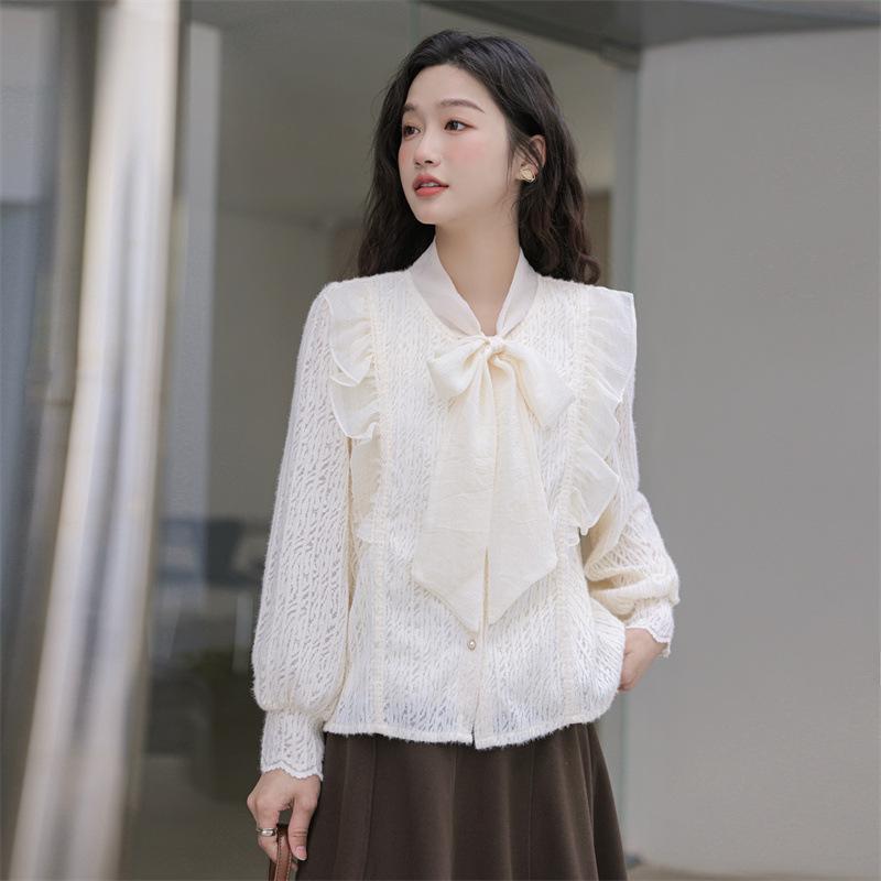 

Женский абрикосовый кружевной топ с завязками-бантами - Стильная рубашка с длинным рукавом для весны и осени S