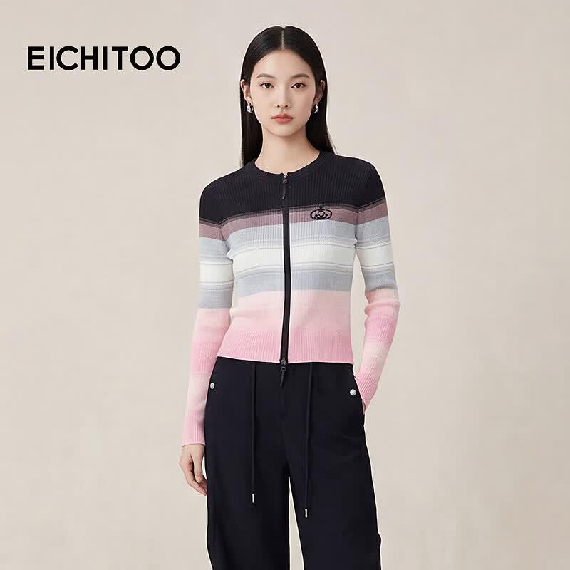 EICHITOO Women s Gradient Stripe V-Neck Knit Cardigan S