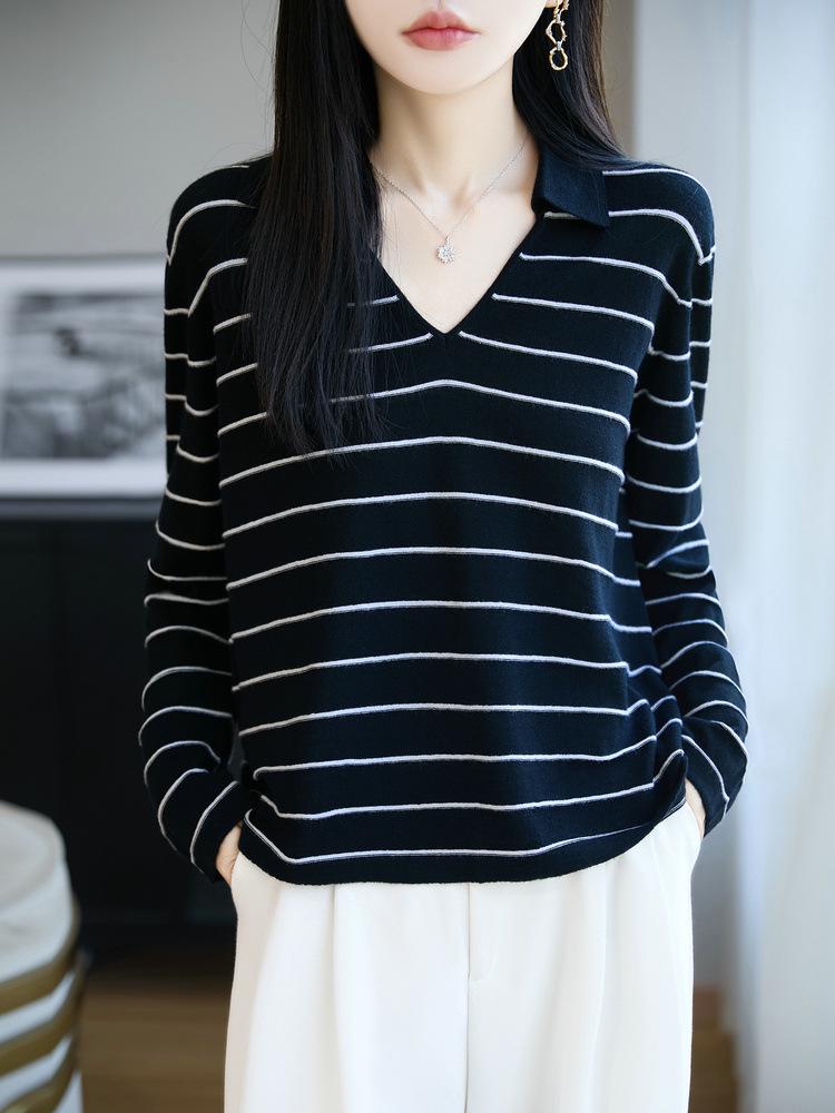 Women's 48s Fine Wool V-Neck Loose Fit Polo Shirt - Black & White Striped Knitwear