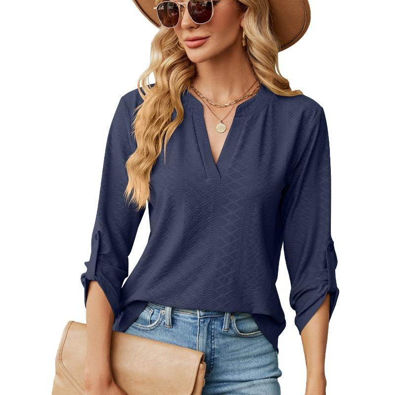 Damen Unifarben V-Ausschnitt Dreiviertelarm Locker Lässig T-Shirt Top
