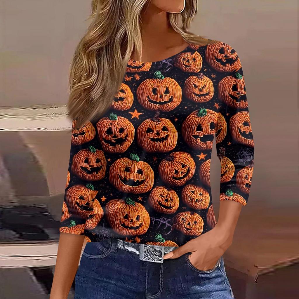 Damenmode Lässig Dreiviertelärmel Halloween-Print Rundhals-Top