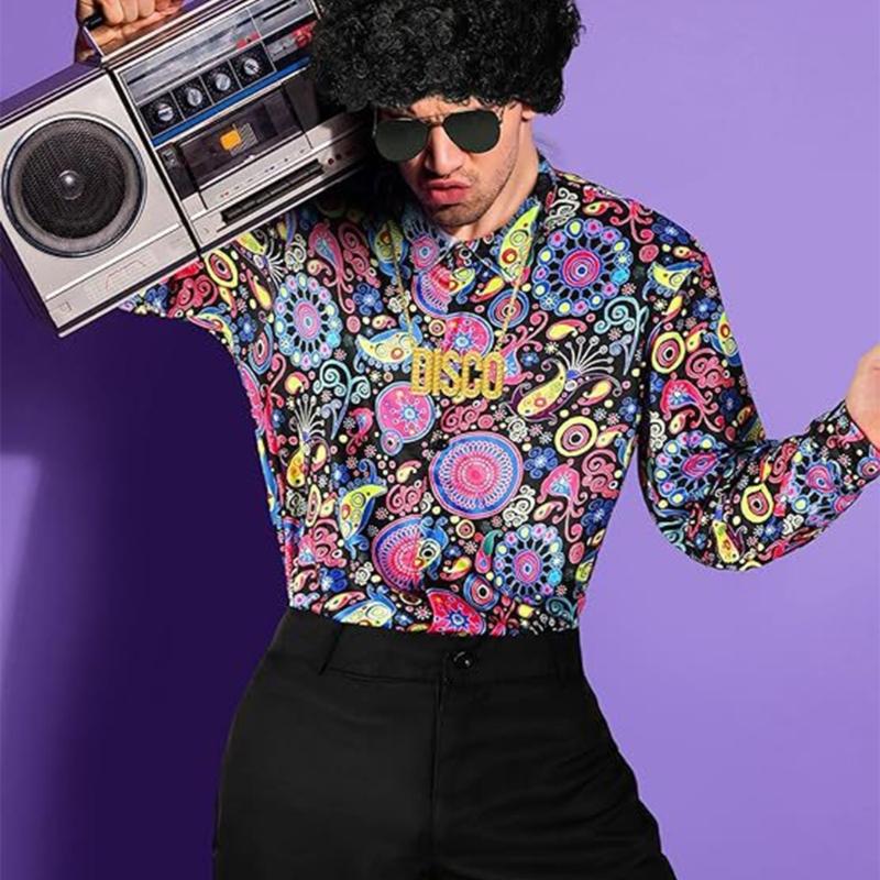 Mens 70s Disco Outfits Bells Bottom Pants Shirt Wigs Necklace Mustache Sunglasses 60s 70s 80s Disco Costume Accessories