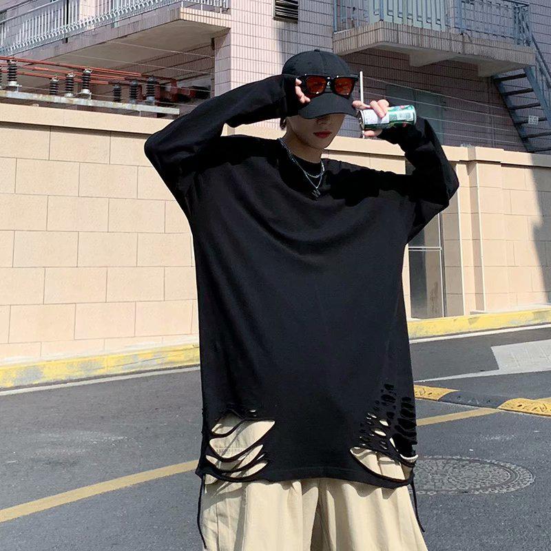 

Мужская свободная рубашка с длинным рукавом, нестандартным дизайном и рваным краем - High Street Dark Style M чёрный