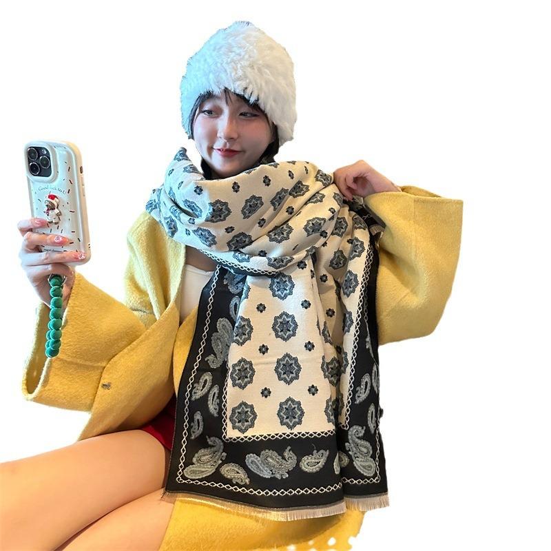 Autumn and winter new imitation cashmere scarf women's thickened cashew flower hair pulling shawl jacquard scarf large