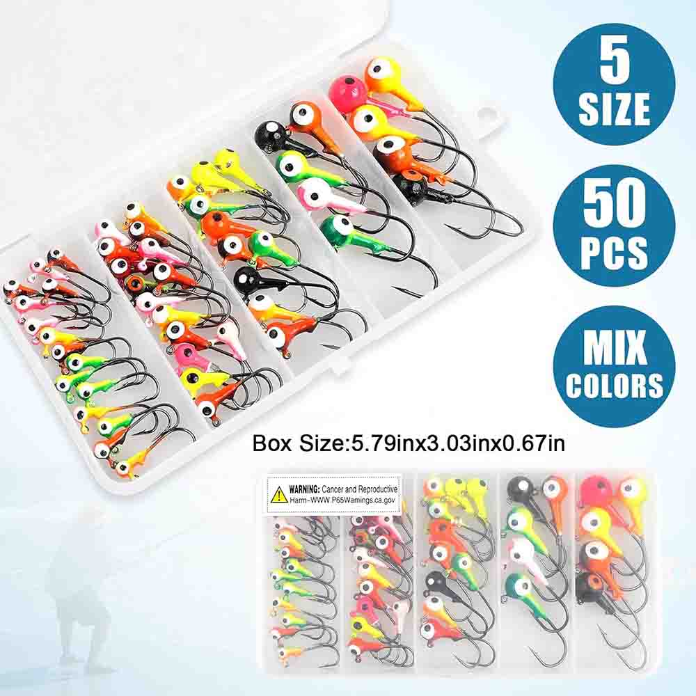 50Pcs Crank Jig Head Hooks Fishing Hook Round Ball Head Jig Hooks for Bass Fishing Trout Panfish Walleye Crappie Live Bait Jigs