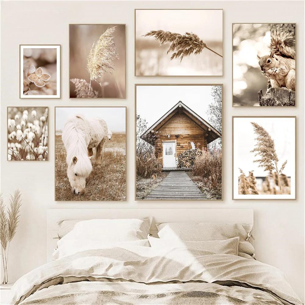 Beige Gras Blume Reed Leinwand Malerei Herbst Landschaft Eichhörnchen Schafe Wand Kunst Drucke Nordic Poster Bild Wohnzimmer Dekor