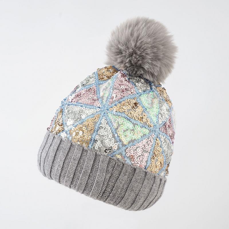 New sequined wool hat autumn and winter shiny beads keep warm removable hairball knitted hat women