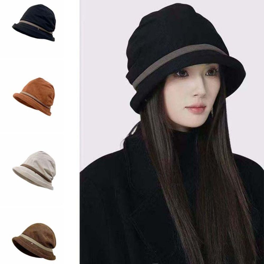 Temperament Corduroy Pullover Cap Solid Color Anti-cold Bucket Hat Winter Fisherman Hat  Daily
