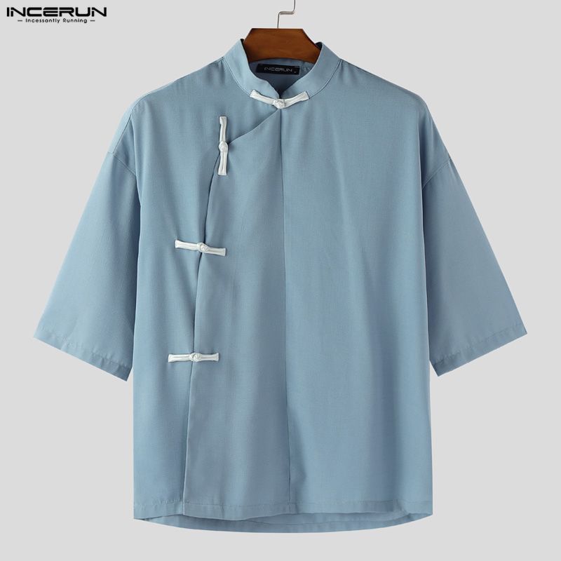 INCERUN Summer Men Vintage Stand Neck Short Sleeve Side Buttons Casual Vintage Shirts