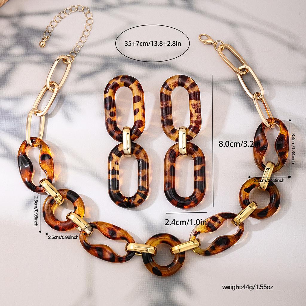 Vintage Exaggerated Amber Acrylic Leopard Print Chain Necklace Earring Set