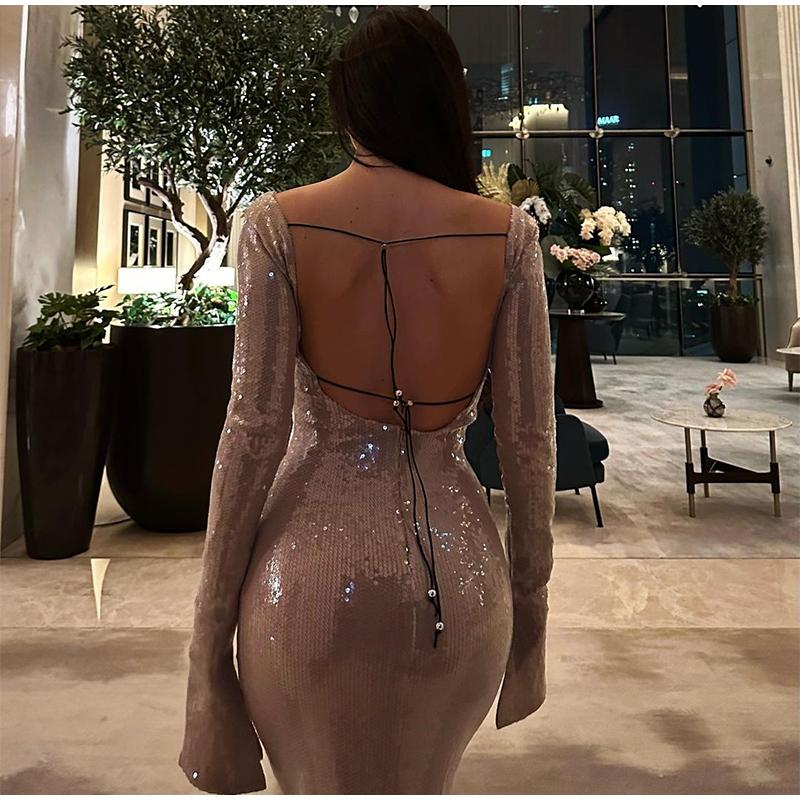 Дамское женское сексуальное длинное сетчатое платье с пайетками и разрезом по талии — фото 5