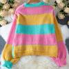 Women's Knitted Cardigan Sweater Autumn Winter Versatile V-neck Rainbow Color Matching Knitted Long-sleeve Sweaters Jacket Women