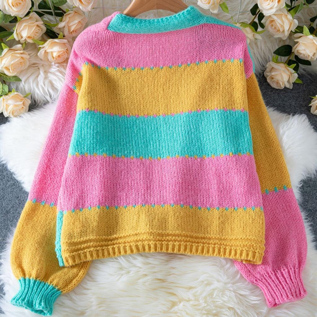 Women's Knitted Cardigan Sweater Autumn Winter Versatile V-neck Rainbow Color Matching Knitted Long-sleeve Sweaters Jacket Women