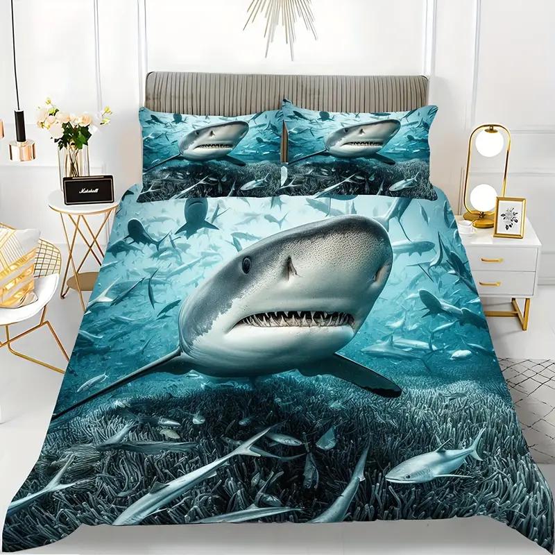 Comforter 2/3Pcs Oceanic Shark Bedding Set High-Definition Digital Print Duver 3D Pattern Soft & Skin-Friendly Bedroom