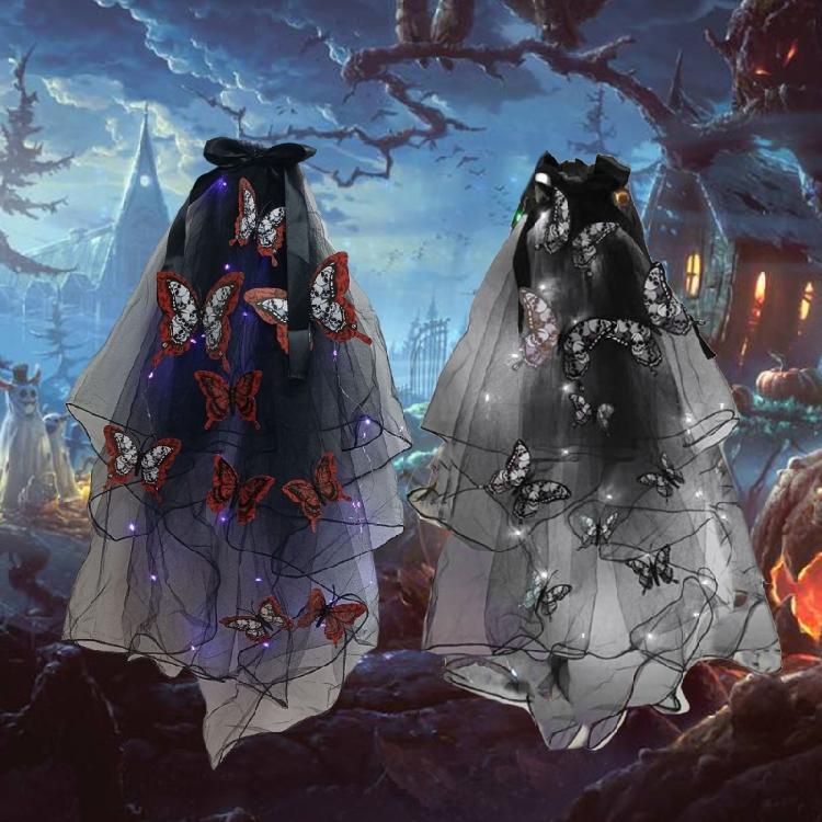 Zart leuchtender Totenkopf-Schmetterlingsschleier Einzigartiger Halloween-LED-Schleier Totenkopf-Schmetterlingsmuster-Schleier für Kostümpartys für Erwachsene
