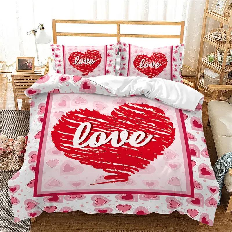 Love Heart Soft Duvet Cover Pink Romantic Beding Set Microfiber Warm Comforter Cover For Young Girls Ten Couple Valentine's Day Weding Decor
