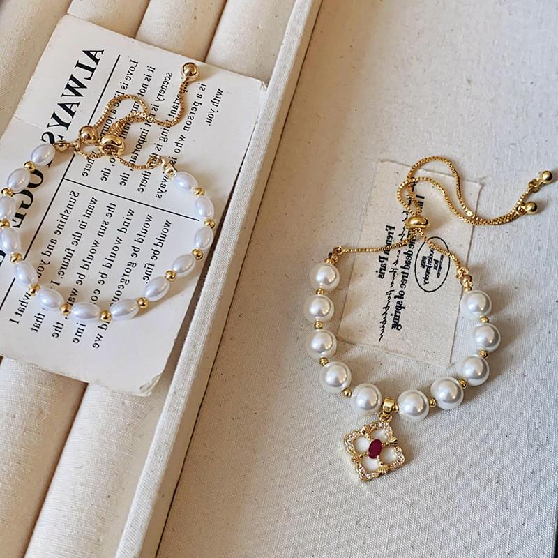 French Vintage Geometric Pearl Bracelet With Gold Plating For Womens Gift