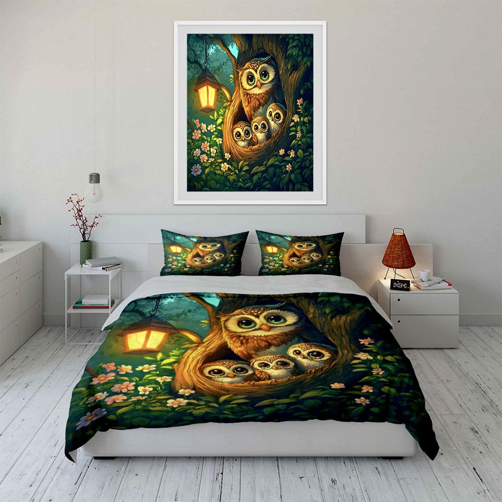 Cute Owl Family Decorative Set Bedding Set With 1 Duvet Cover 2 Pillowcases Single Double King Queen, Gift