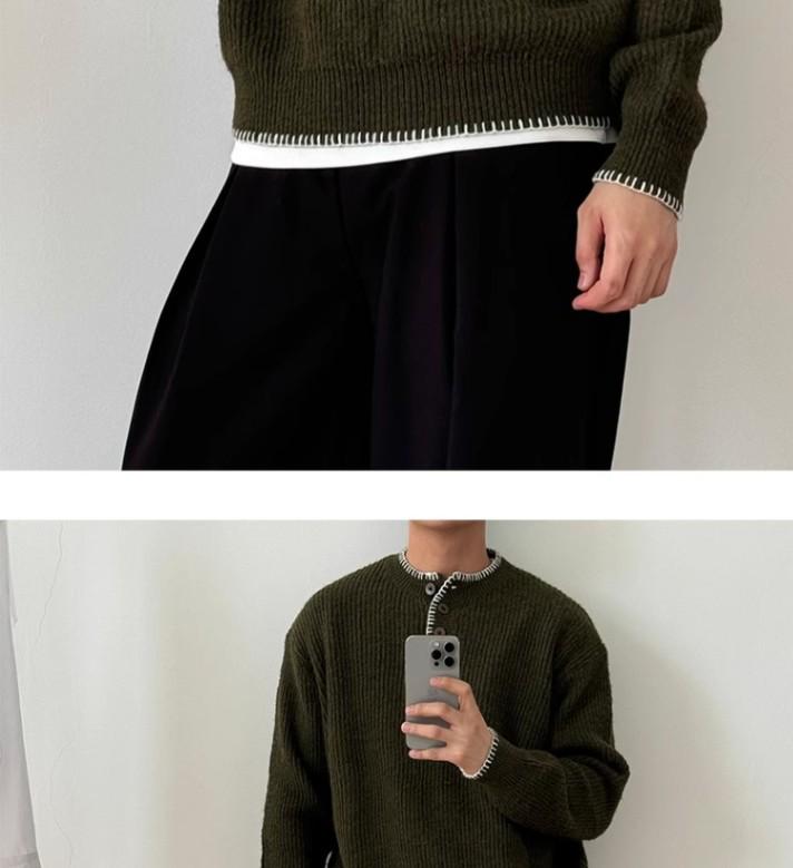 Men's Cleanfit Henley Collar Knit Sweater - Autumn/Winter High-End, Casual Base Layer