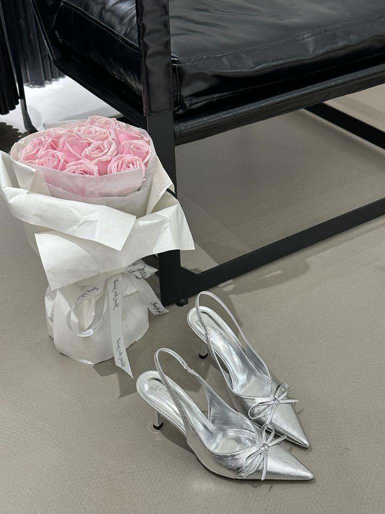 2025 Spring and Autumn New French Light Mouth Stiletto One-word High Heels Women's Patent Leather Pointed Bow Sandals Women