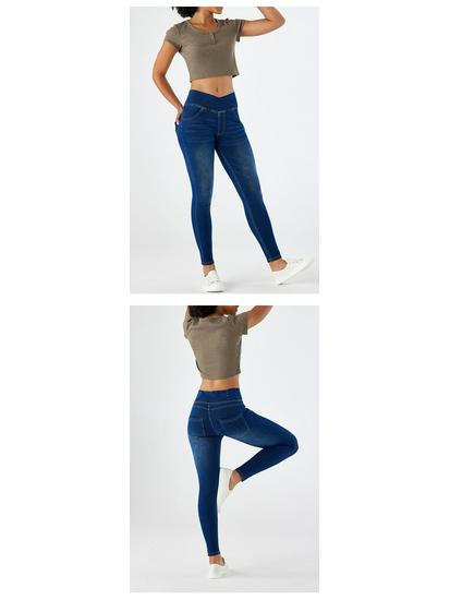 Women's European & American High-Stretch Cross-Waist Skinny Jeans with Pockets, Slimming, Butt-Lifting, Cat Whiskers & Monkey Wash.